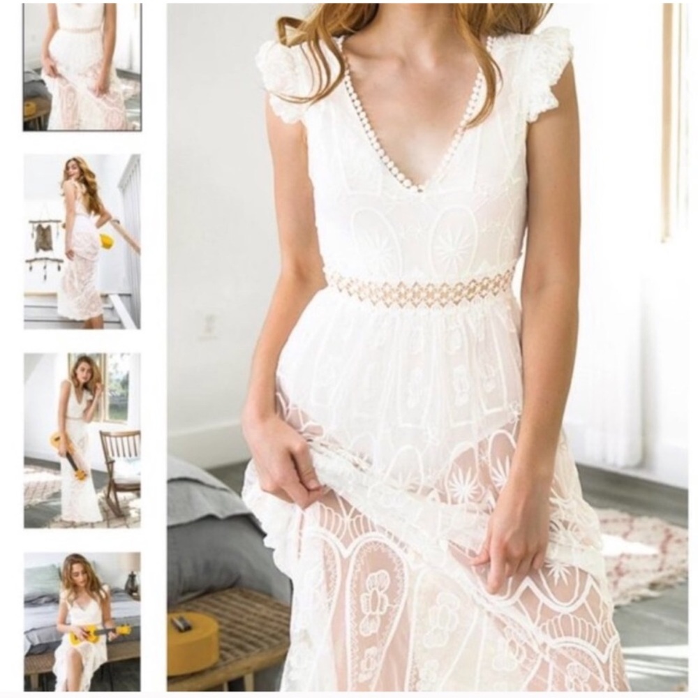 Lace Maxi Dress with Cap Sleeves in White